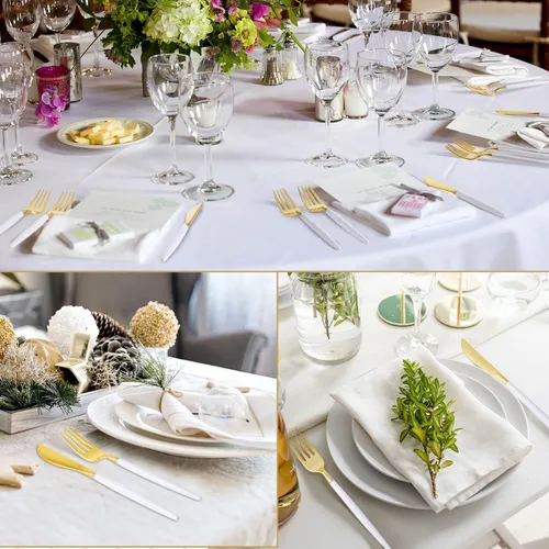Vista 7 de 100 cubiertos de plástico dorados, cubiertos de plástico, cubiertos dorados desechables con mango blanco, juego de utensilios dorados incluye 100