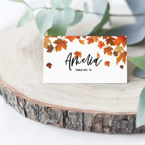Vista 2 de Andaz Press Tarjetas de mesa de otoño y otoño con hojas de arce para mesas de fiesta de boda, tarjetas de lugar con nombre de asientos, puntuadas