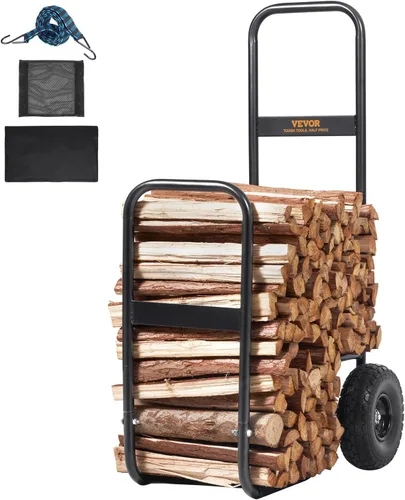 Vista 9 de VEVOR Carrito de leña, capacidad de 250 libras, carretilla de acero resistente negro con ruedas de PU y cubierta impermeable, almacenamiento