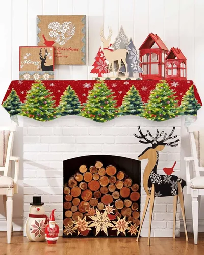 Vista 3 de Funda de bufanda roja para chimenea, diseño de copos de nieve de pino de invierno, bufanda de Navidad para chimenea, decoración de Navidad