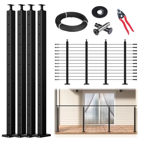 Vista 12 de Muzata Paquete de 4 postes de barandilla de cable negro de 42 pulgadas, 42 x 2 x 2 pulgadas, montaje en superficie perforada de nivel T304, kit