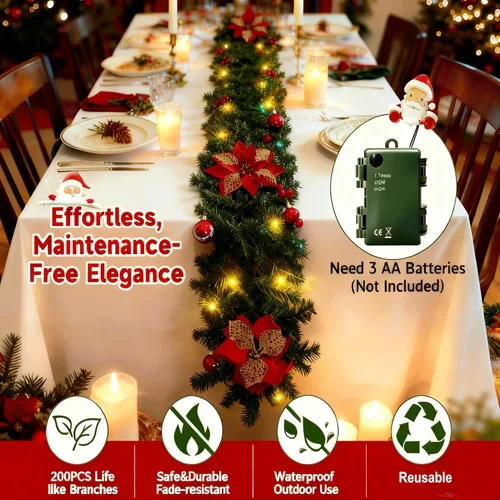 Vista 2 de Guirnalda de Navidad de 9 pies con luces, guirnalda preiluminada a pilas con racimos de bayas rojas, bolas y flores, luces LED blancas