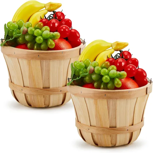Vista 10 de Tatuo 2 cestas redondas de madera de manzana, cubos de frutas de madera con asa, cesta de cosecha de otoño, bushel portátil para mercado, verduras