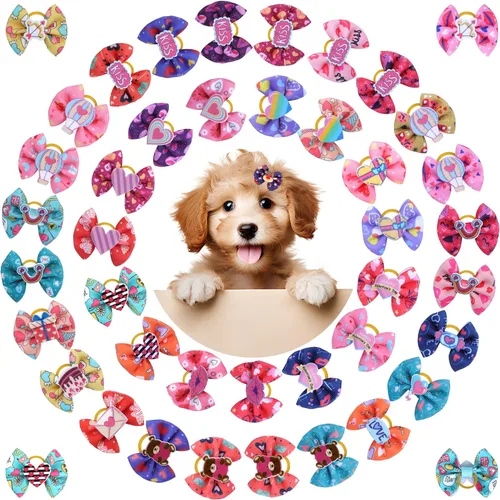 Vista 2 de 40 lazos de Navidad para perros, lindos lazos para el pelo de cachorros, lazos pequeños con bandas de goma, lazos pequeños para el pelo de mascotas