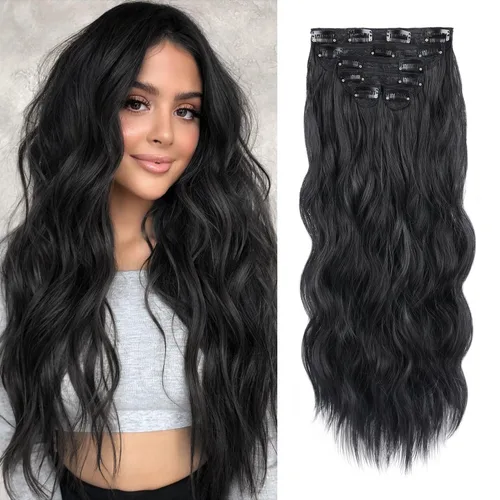 Vista 23 de WECAN Extensión de cabello con clip, de 20 pulgadas, mezcla de rubio ceniza y rubio decolorado, 6 piezas, extensiones de cabello largo ondulado