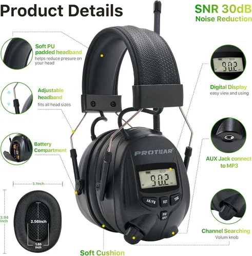 Vista 2 de Cascos protectores de oídos PROTEAR con radio AM/FM, auriculares con reducción de ruido de 25dB, orejeras de seguridad con pantalla digital