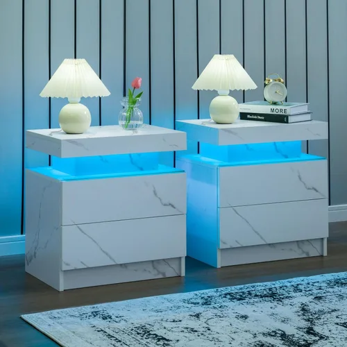 Vista 9 de Generic Juego de 2 Mesitas de noche con 2 cajones, mesa de noche con cajones para muebles de dormitorio, mesa auxiliar con luz LED, color negro