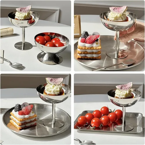 Vista 6 de Hapivida Taza de helado, 4 cuencos de acero inoxidable para servir postres, tazones para salsa, mini tazones de yogur con patas redondas, tazas