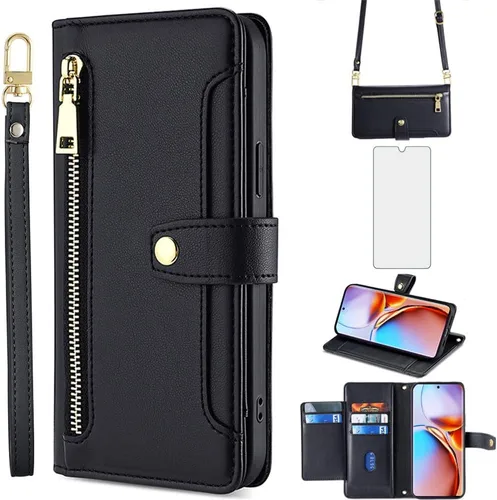 Asuwish Funda para teléfono Motorola Edge+ Plus 2023/Edge 40 Pro 5G/Moto X40 Funda tipo cartera y protector de pantalla con cremallera para
