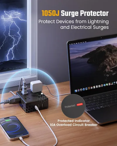 Vista 14 de Cable de extensión de 10 pies con múltiples tomas, tira de alimentación con protector de sobretensiones de enchufe plano, cable de 10 pies de largo