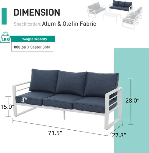 Vista 3 de Patiorama Juego de muebles de aluminio para patio, sofá de 3 plazas para patio al aire libre, sofá de 3 asientos, silla de metal blanco para todo