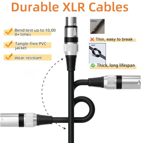 Vista 8 de XLR Cables - Paquete de 6 cables XLR macho a hembra con 3 pines chapados en oro, cable de micrófono corto blindado equilibrado para mezclador