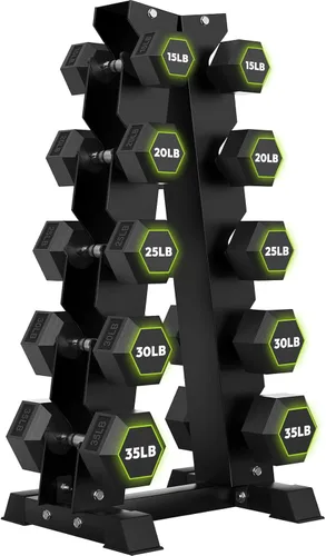Vista 11 de HANDBODE Rubber Coated Hex Dumbbell Set with A-Frame Rack, 100 lb - 550 lb Multiple Options Weight, Hexagon Non-Rolling Shape, Ergonomic Knurled