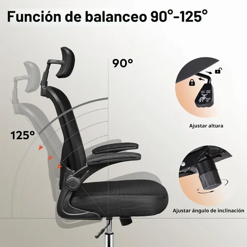 Vista 8 de DEVAISE Office Chair, High Back Mesh Ergonomic Desk Chair with Flip-up Armrests, Adjustable Headrest and Lumbar Support, White Negro