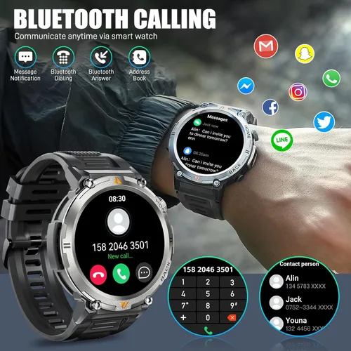 Vista 4 de JELLOO Reloj inteligente militar para hombre con linterna LED (respuestahacer llamada) 3ATM resistente al agua resistente reloj inteligente táctico