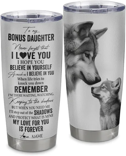 Vista 19 de Vaso de acero inoxidable personalizado con texto en inglés «To My Bonus Daughter From Stepmom», vaso curvado de 20 onzas con diseño de girasol