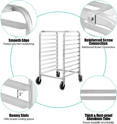 Vista 5 de ReunionG Estante para panecillos de 10 niveles, estante para panadería con 2 ruedas bloqueables, carrito de refrigeración de almacenamiento
