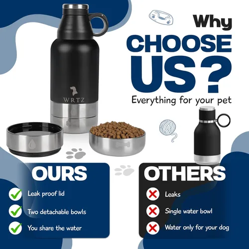 Vista 2 de Botella de agua portátil para perros con 2 cuencos de agua extraíbles para perros, botella de agua de acero inoxidable aislada a prueba de fugas