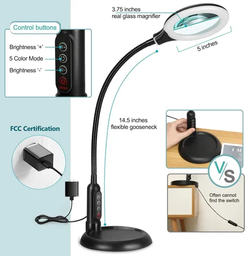 Vista 2 de Lupa 10X con luz y abrazadera, 5 modos de color, lupa iluminada regulable sin escalones con soporte, lámpara de escritorio LED de cuello de cisne