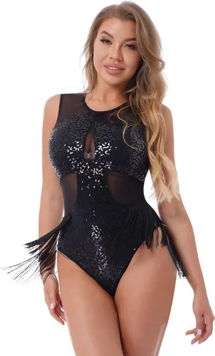 Vista 3 de Vestido de baile latino sin mangas con borlas de lentejuelas brillantes para mujer, disfraz de samba, leotardo con flecos