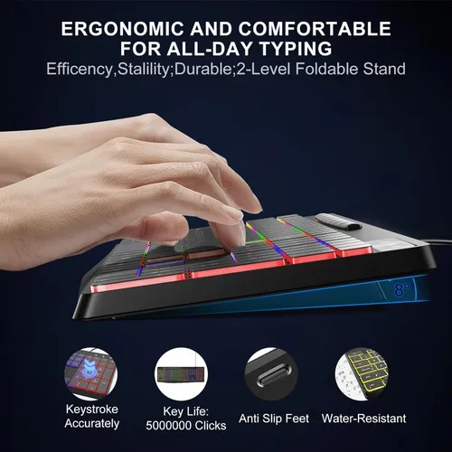 Vista 3 de Teclado de computadora con cable, retroiluminación LED arcoíris de 7 colores, teclado iluminado silencioso con teclas multimedia, teclas de chiclet