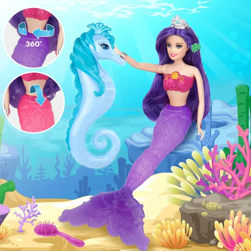 Vista 5 de BETTINA Juego de muñeca sirena que cambia de color, muñeca de princesa sirena con cola que cambia de color, juguetes de sirena con caballito de mar