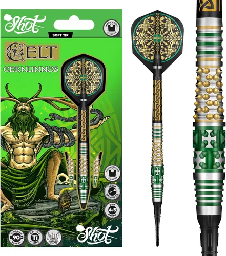 Shot! Dardos de punta suave, celt cernunnos (0.63 oz/0.71 oz), 90% tungsteno barril, peso frontal, juego de dardos profesionales hechos a mano y
