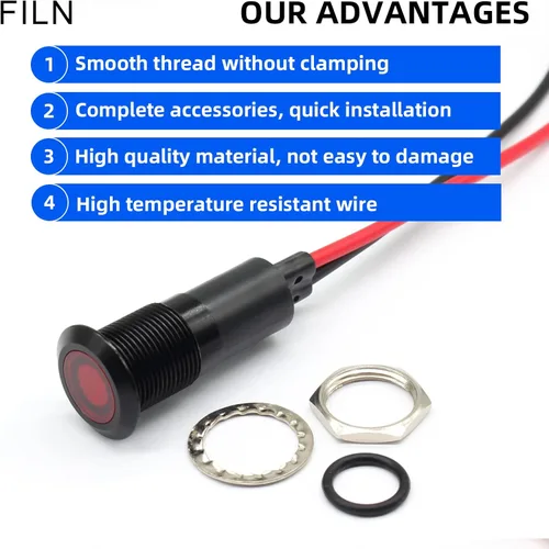 Vista 5 de 2 piezas 12 mm (1/2") Luz indicadora LED roja impermeable, lámpara de señal de metal, 5 V, 12 V, 24 V, IP67, luz de piloto, tablero, para coche