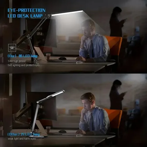 Vista 6 de HDView Lámpara de escritorio LED con 3 modos de cuidado de los ojos, 10 brillo; lámpara flexible larga y ajustable con brazo oscilante