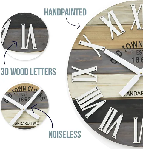Vista 2 de Oldtown Clocks Reloj de pared romano de madera multicolor de 18 pulgadas con playa costera marítima (gris, 18 pulgadas)