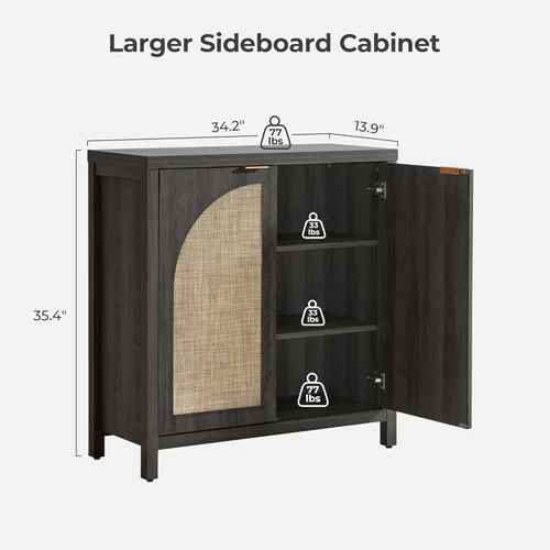 Vista 3 de SICOTAS - Aparador de buffet con almacenamiento de ratán, gabinete de credenza moderno con puertas de arco y estantes ajustables, gabinetes