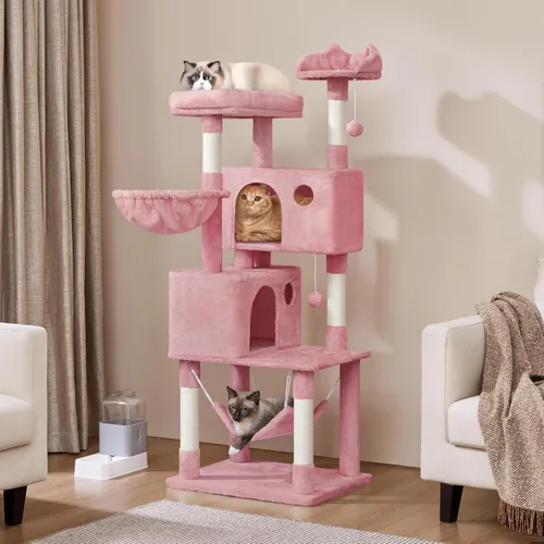 Vista 31 de Yaheetech - Árbol para gatos de 64.5 pulgadas con poste rascador, cama para gatos con cubierta de felpa y hamaca, plataforma, percha para gatos