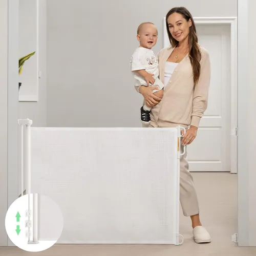 Vista 10 de Puerta retráctil para bebé, Puerta de malla para bebés o puerta de malla para perros de Momcozy, 33 pulgadas de alto, se extiende hasta 55 pulgadas