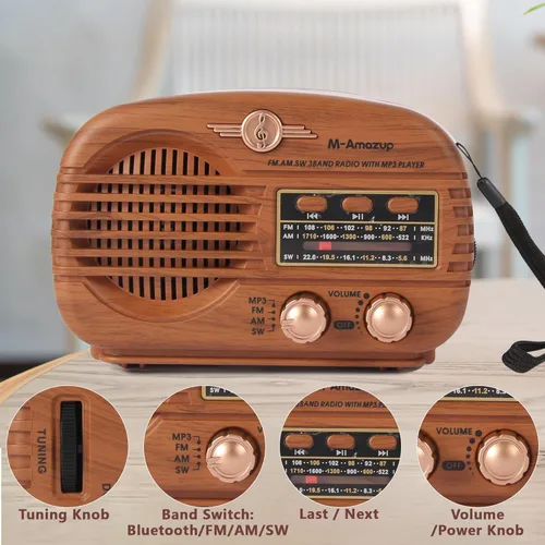 Vista 5 de Radios portátiles AM FM SW, radio retro con altavoz, radio transistor Bluetooth 5.3, batería recargable, TWS, soporte de tarjeta TF/MP3/reproducción