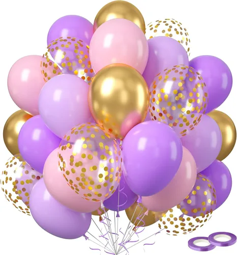 Juego de globos de color morado y rosa, paquete de 60 globos de fiesta de 12 pulgadas, globos de confeti dorados, globos de látex, globos de helio