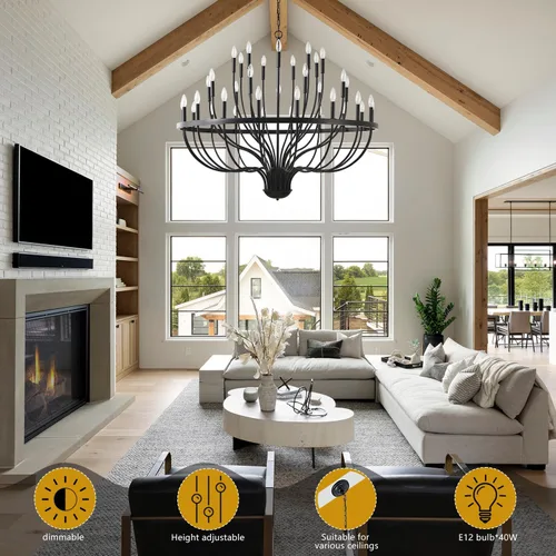 Vista 2 de Lámpara de araña negra de 36 luces de hierro industrial con velas Lámpara de araña moderna suspendida de granja Lámparas colgantes para comedor