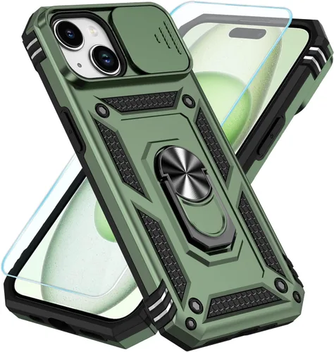 Vista 22 de SunStory Funda compatible con iPhone 15 con protector de pantalla HD, cubierta de cámara deslizante y soporte de anillo giratorio, [grado militar]