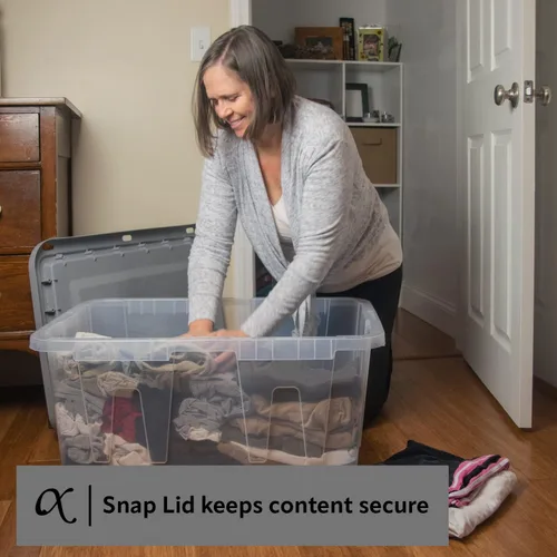 Vista 4 de CX NEGRO Y AMARILLO, Contenedor de Almacenamiento Transparente Resistente de 27 Galones y Tapa de Cierre Hermético, Transparente y Gris