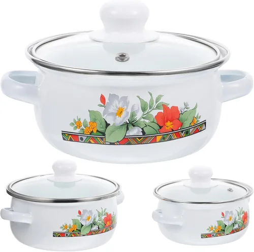 Kichvoe Olla de esmalte con tapa, olla de cocina retro de frijoles esmaltados, olla para pasta, olla de sopa vintage con doble mango para cocinas de