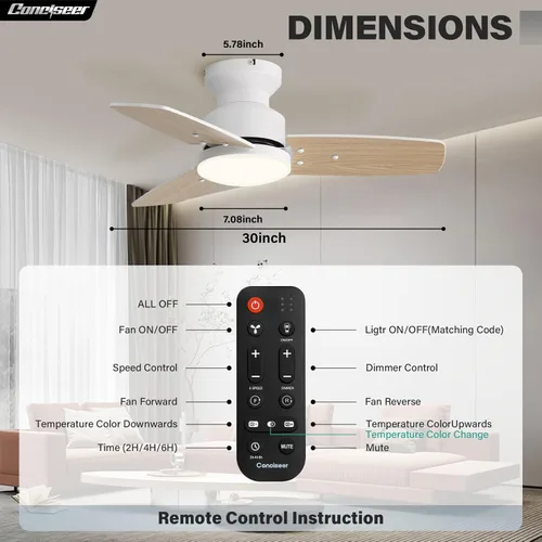 Vista 8 de Conciseer Ventiladores de techo de 30 pulgadas con luces y control remoto, dormitorio, sala de estar, oficina, montaje empotrado, regulable 3CCT, 3