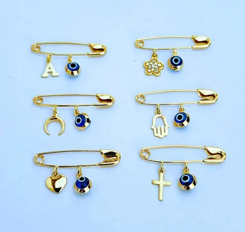 Vista 8 de 14k. Yellow Gold Baby Safety Pin Evil Eye & Initial Charms/Christening/Baptism/NOT Gold Filled NOT Gold Plated