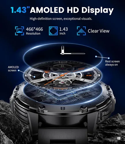 Vista 5 de LIGE Reloj inteligente AMOLED de 1.43 pulgadas para hombre con linterna, llamadas Bluetooth, más de 100 modos deportivos, 530 mAh, IP68 impermeable