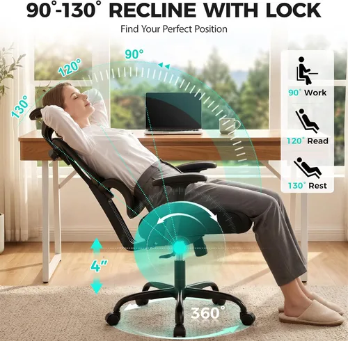 Vista 3 de Silla de Oficina Ergonómica de Respaldo Alto Silla de Escritorio con Soporte Lumbar, Silla de Computadora de Malla Transpirable con Reposabrazos