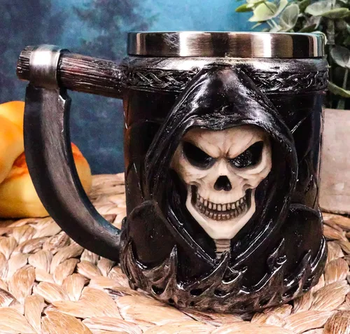 Ebros Gift Taza de café con mango de guadaña para el Día de los Muertos, diseño de calavera de calavera y cerveza, 14 onzas
