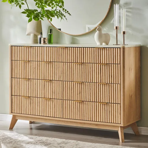 Vista 19 de T4TREAM Cómoda acanalada de 3 cajones, cómoda moderna de 32 pulgadas de alto, diseño de perfil curvo, organizador de cajones de madera para Aliso