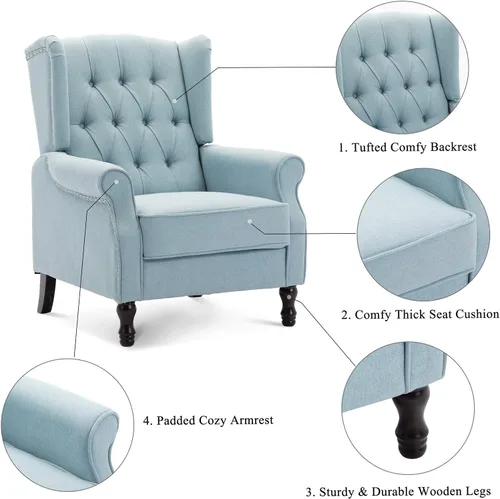 Vista 7 de Artechworks Silla decorativa moderna de tela alada, silla de club con brazos copetudos, sofá individual de lino con patas de madera, cómoda tapizada