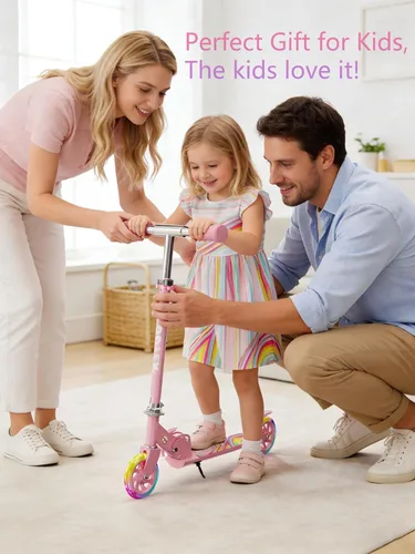 Vista 2 de Scooter for Kids Ages 3+, Kids Kick Scooter with Led Light Up, Girly Pink Scooter with 3 Levels Adjustable, Lightweight Foldable Scooter for