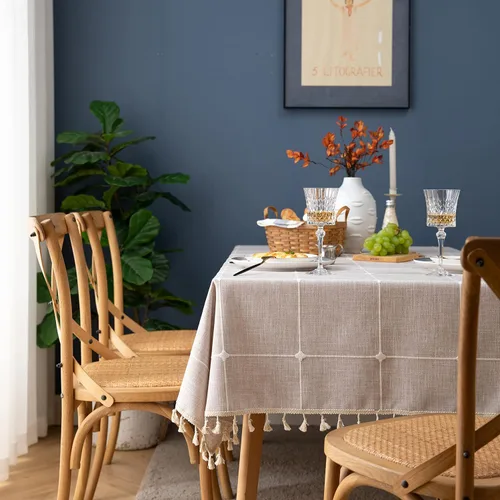 Vista 3 de Oubonun Mantel rectangular de lino de algodón, resistente a arrugas, impermeable, lavable, estilo casa de campo, con borlas, para cocina, comedor