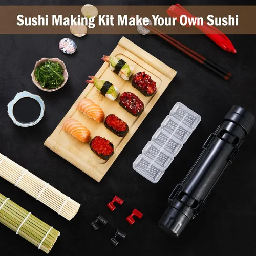 Vista 4 de Juego Deluxe de Fabricación de Sushi 25-en-1 con Bazooka, Rodillo, Estera de Bambú, Cuchillo, Bandeja para Salsa, Plato Japonés de Sashimi de Bambú