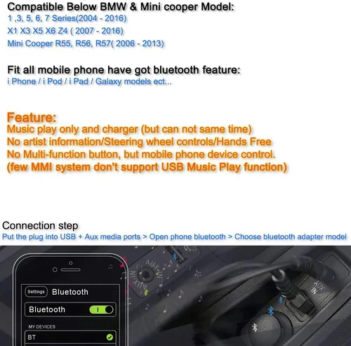Vista 5 de Adaptador Bluetooth compatible con Mini Cooper BMW Car Apple Android Phone Music AUX 3.5 dispositivos con capacidad de cable inalámbrico